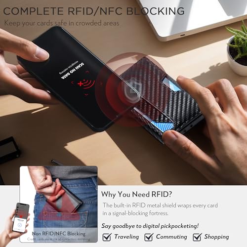RFID Blocking Slim Wallet for Men w/Metal Pop Up Credit Card Holder & Money Clip, Minimalist Carbon Fiber Bifold Front Pocket Wallet2
