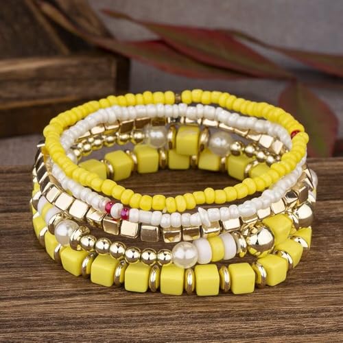 Colorful Layered Boho Bracelet for Women Yellow Black White Beaded Bracelet Set Statement Stretch Bracelet Birthday Party Friendship Jewelry2