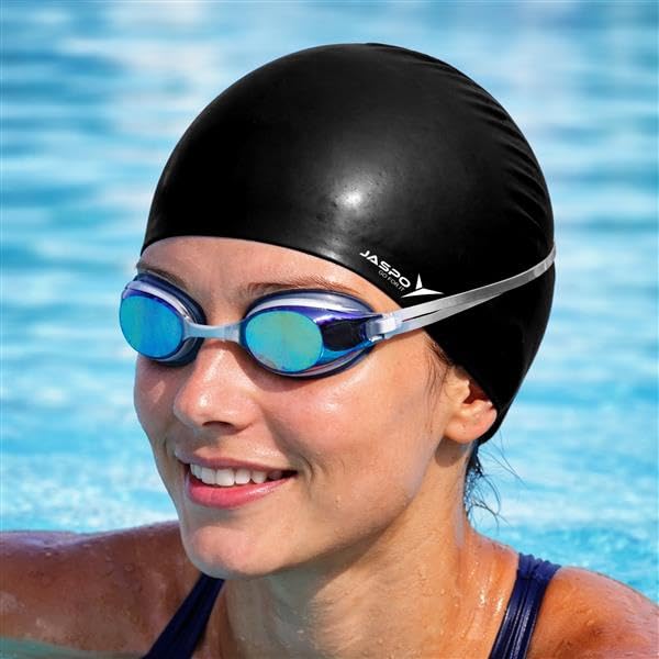 Image of JASPO Velocity Silicone Swimming Cap | Unisex Swim Cap for Men & Women | Stretchable, Anti-Slip, Waterproof Cap for Pool, Training & Professional Swimming | Black