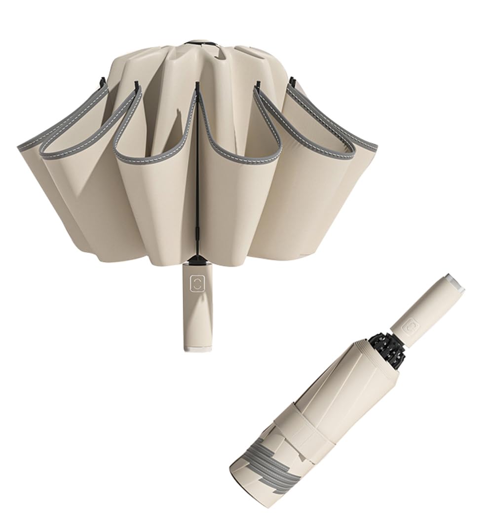 LCY Automatic Inverted Compact Folding Anti-UV Parasol Umbrella Large Windproof Umbrella with Reflective Stripe-Apricot