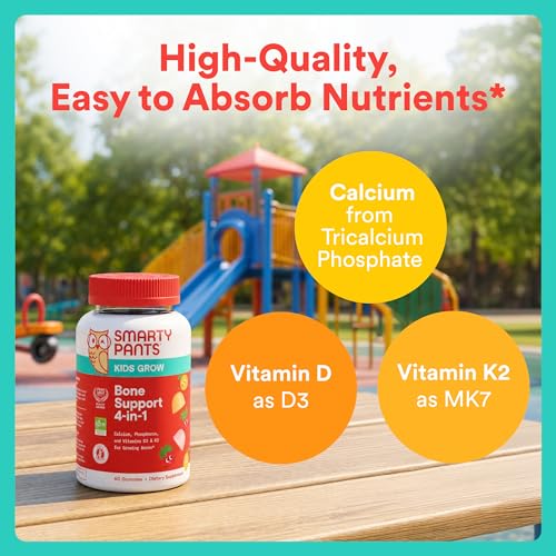 SmartyPants Kids Bone Support 4-in-1 Gummies with Calcium, Vitamin D3, K2 & Phosphorus for Growing Bones, Strawberry Mango, 60 Count (30 Day Supply) - image 8