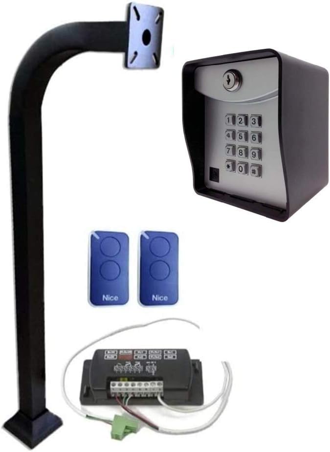 Ridge Apollo Gate Keypad S-14-100-A 433 MHz Control Wireless, Nice Apollo FLOX2R Universal Receiver Digital 2-Channel Wireless 433.92 MHz, Aluminum Gooseneck 2"x2"x42", 2 Apollo Nice Remotes Blue