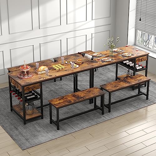STIKELY-Dining-Table-Set-for-4-6-People-3-Pieces-Kitchen-Dinner-Table-Set-with-2-Drawers-Long-Benches-Dining-Room-Table-with-Wine-Rack-Glass-Holder-and-Storage-Shelf-for-Home-Kitchen-Use
