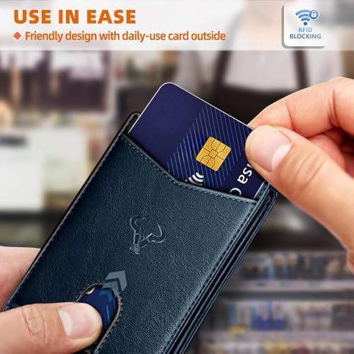Image of Contacts Slim RFID Blocking Leather Wallet for Men - Minimalist Bifold Card Holder with 11 Slots, ID Window & Cash Pocket - Front Pocket Wallet Gift for Daily Use & Travel (Blue)