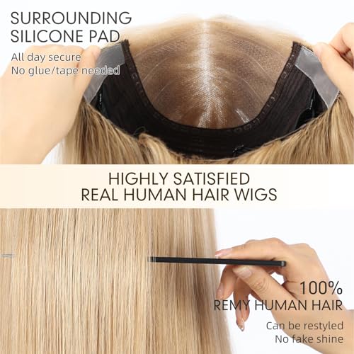 Image of KKU 5x5 Lace Front Human Hair Wig,Real Hair Wigs for Women,Glueless,Non-Slip Silicone Pads and Skin-Friendly Cap(16 Inch, Golden Blonde)
