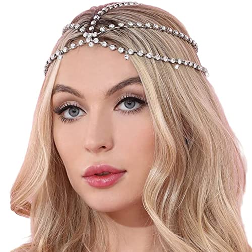 NICENEEDED Front Strass Tête Chaîne, Bijoux de Chaîne de Cheveux en Couches de Cristal D'Argent, Boho Brillant Larme Strass Casque Mariée Cheveux...