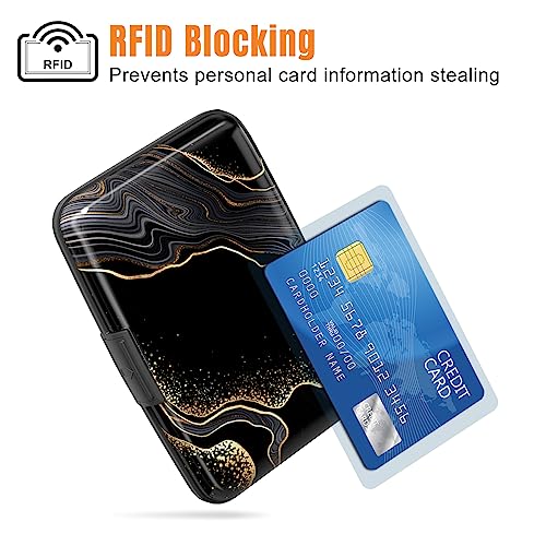 Image of Rimilak Aluminuml Credit Card Holder, Mini Credit Card Wallet RFID Blocking Slim Metal Hard Case for Women Men, Black Gold Mable