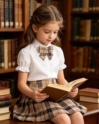 Image of Betusline Girls Skirt Set JK School Uniform 2-Piece Outfit - Short Sleeve Shirt with Bow & Pleated Skirt 4T-14Y