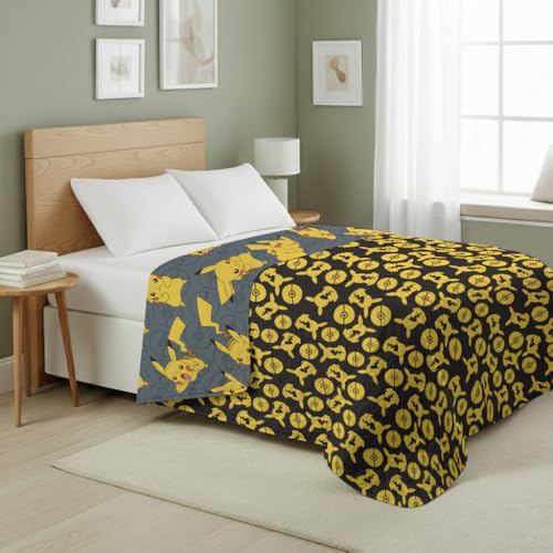 Image of Northwest Pokemon Company Reversible Full /Queen Quilted Blanket - Pikachu & Pokeball Pattern for Anime Fans, Cozy Blanket for Bed, Game Room or Couch, 90x90 inches