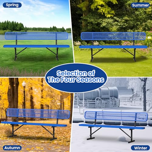 Image of 8FT Heavy Duty Park Bench with Back Portable Frame, Outdoor Steel Bench with Backrest, Outdoor Park Bench Expanded Metal Mesh Bench for Lawn, Park, Deck, Garden, Patio, Porch, Black (Blue, 8FT)