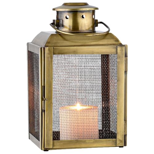 Marrakech - Farol decorativo vintage de 26 cm, de metal dorado envejecido, portavelas como decoración de mesa, salón, portavelas, para balcón, terraza y jardín