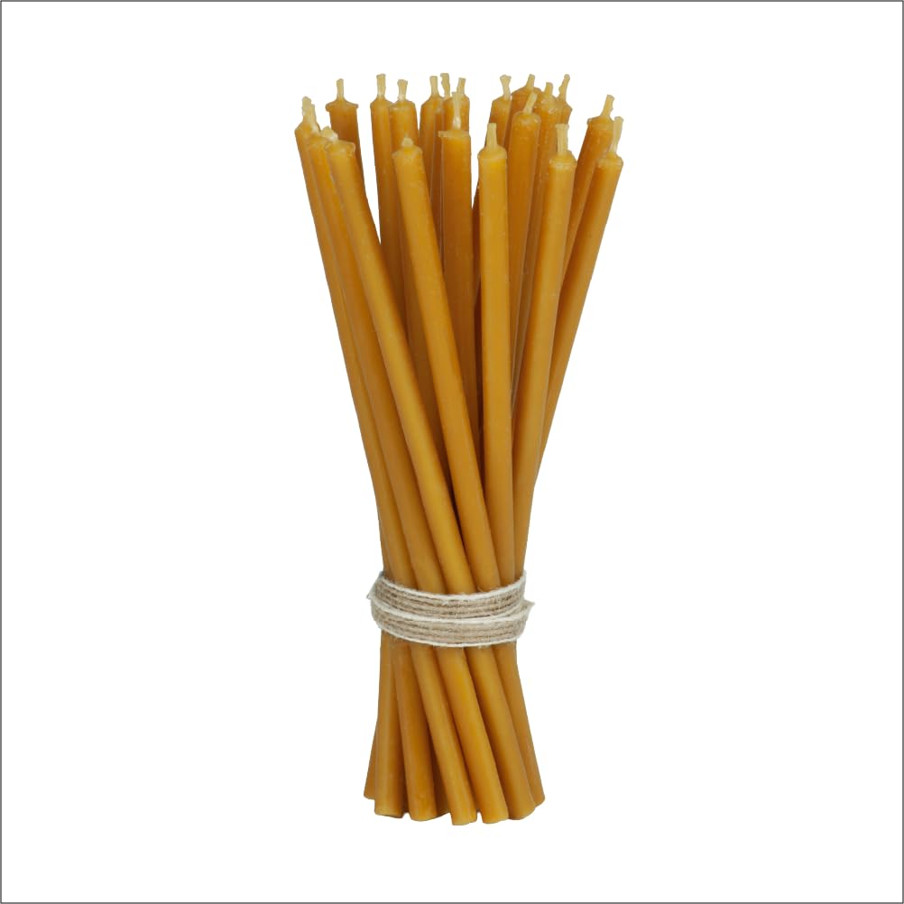 DAV Candles, Natural Beeswax Church Taper Candles, 15cm Length, Smokeless with Honey Aroma, Cotton Wick, ~45-50 Min Burn Time, Pack of 20
