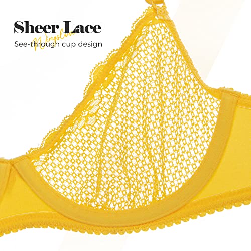 Wingslove Women's Sexy 1/2 Cup Lace Bra Balconette Mesh Underwired Demi Shelf Bra Unlined See Through Bralette (Lemon Yellow, 34B) #TOP4