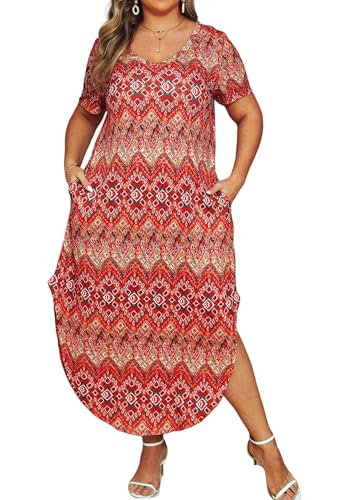 Image of Plus Size Short Sleeve Maxi Dresses for Women 2024 Floral Printed V Neck Slit Long Sundress with Pockets Orange
