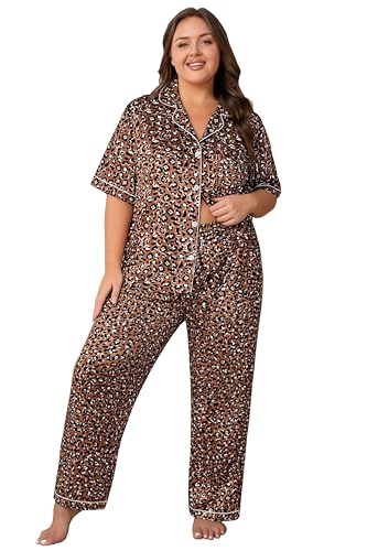 Image of Vozanet Women's Button Down Satin Pajama Sets Silky Short Sleeve Top & Pants Plus Size Loungewear Classic Sleepwear XL to 5XL