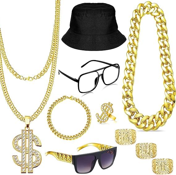 【Ampio campo di applicazione】Le accessori rapper sono adatte per Halloween, Natale, feste in costume, carnevali, feste rap, feste a tema disco e i giochi di ruolo eccetera altre feste retrò. Gli set accessori rapper sono articoli di moda ideali per gli amanti dell'hip-hop e regali creativi per amici e familiari.