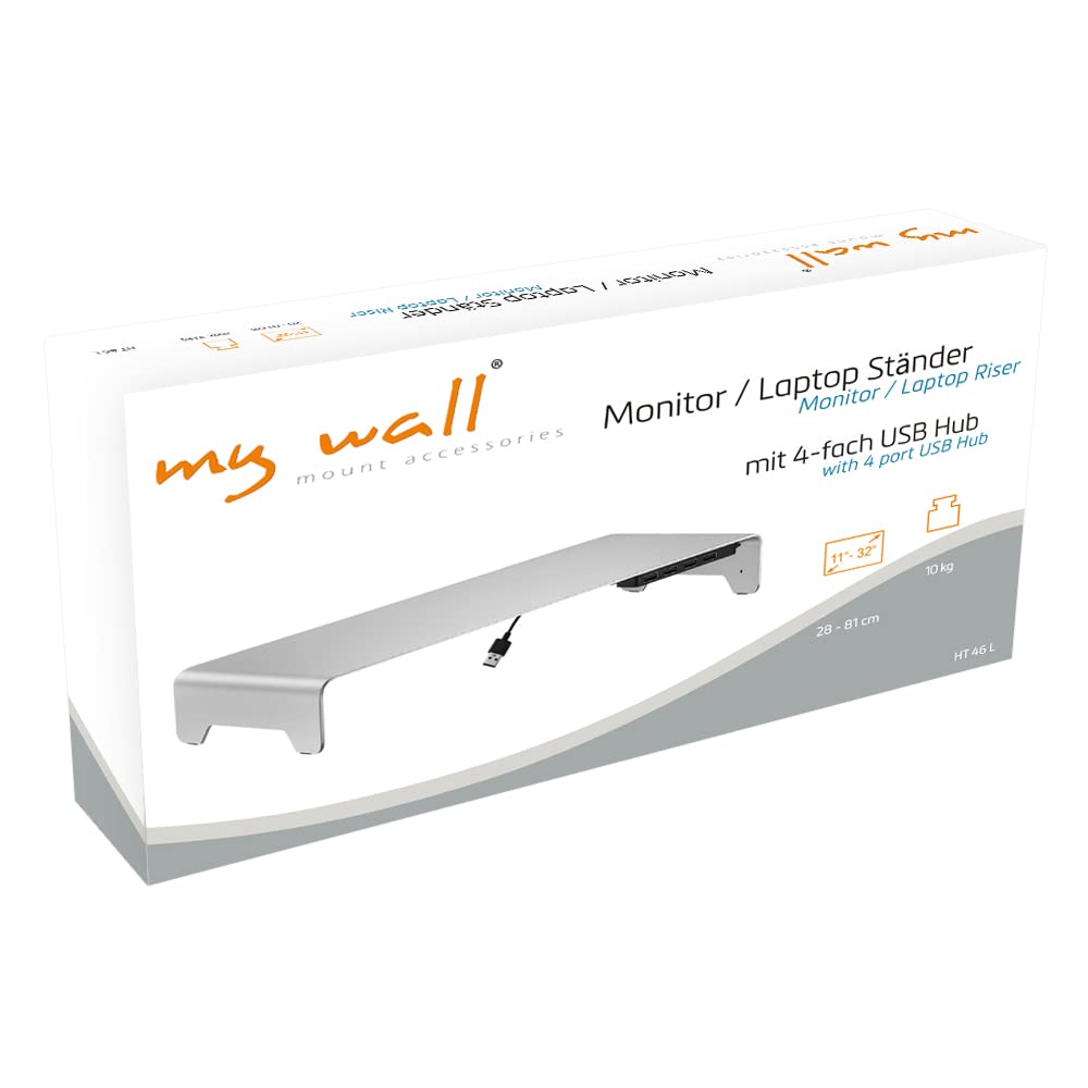 mywall HT46L - Supporto per monitor in alluminio con cuscinetti in silicone antiscivolo, supporto per monitor con 4 porte USB 2.0, supporto per schermi e computer portatili da 11 a 32 pollici, carico