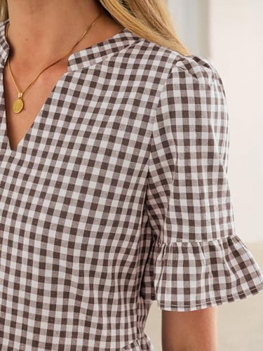 Image of Caracilia Dresses for Women Summer 2026 Striped V Neck Ruffle Sleeve A Line Tiered Flowy Casual Mini Beach Dress with Pockets