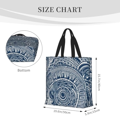 (Blue Polynesian Maori Tribal Pattern) Large Reusable Tote Bag For Women Foldable Washable Shoulder Bag For Shopping Beach Travel Gym Work Stylish Gift Bag4