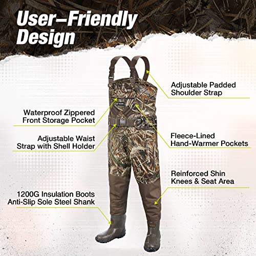 Tidewe Breathable Hunting Waders Heated 1200G Insulation With Removable Insulated Liner And Battery Pack, Waterproof Chest Waders Realtree Max5 For Men, Camo Fishing Waders(Size 7) #TOP4