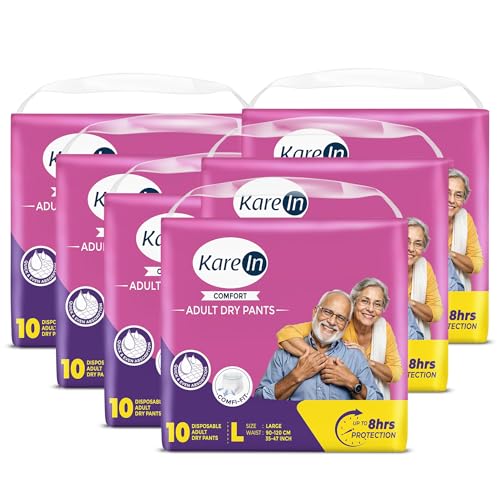 Image of KareIn Comfort Adult Diaper Pants, Large 90-120 Cm (35 inch- 47 inch), Unisex, Leakproof, Elastic Waist, Wetness Indicator, Pack of 6, 60 Count