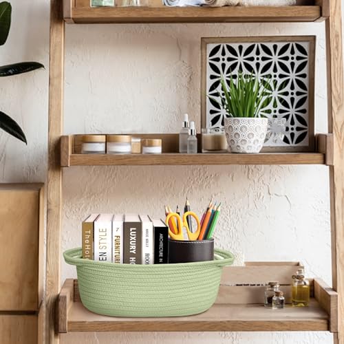 Image of Small Woven Gift Basket, Baskets for Gifts Empty, Cotton Rope Cat Dog Toy Bin Box, Nursery Baby Basket, Wicker Basket with Handles, Shelf Storage Basket for Home Decor, Green, 12 inchx 8 inchx 5 inch