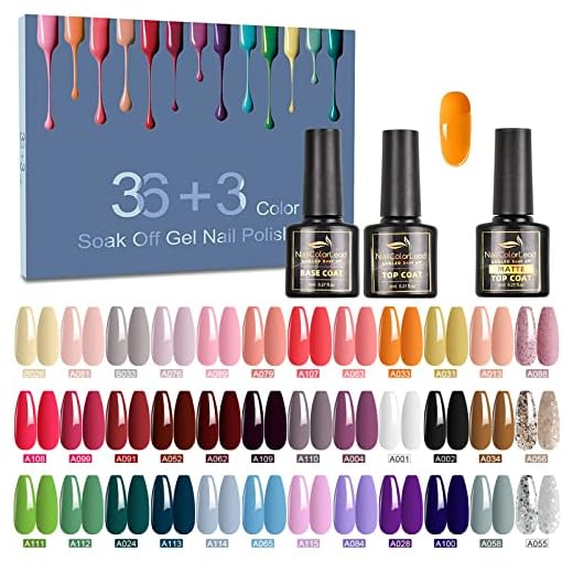 Pintauñas Semipermanentes - 39 Pzs 8ML Esmaltes Semipermanentes Gel UV LED con Base, Top Coat Brillante, y Mate, 36 Colores Populares Blanco, Verde, Neón, Desnudo, Kit de Esmaltes Uñas Semipermanentes