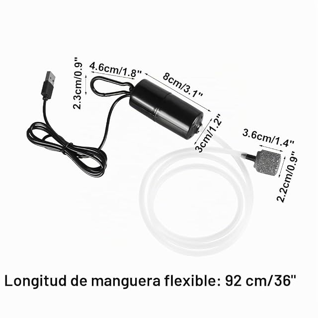 Foto 4 de 8 de Mini bomba de aire para acuario, aireador de aire USB con 92 cm manguera de oxígeno
