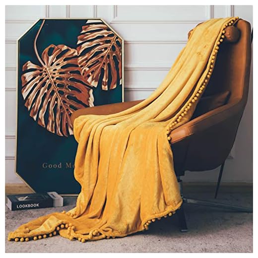 Manta de Franela con Pompones, Manta de Felpa Suave para Sofá Cama, Manta Gruesa y Esponjosa, Manta de Felpa de Franela,130 x 150cm,Amarillo
