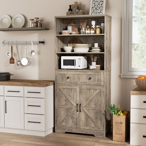 71 Tall Farmhouse Storage Cabinet with Barn Doors and Adjustable Shelves - Versatile Pantry and Bookshelf in Grey