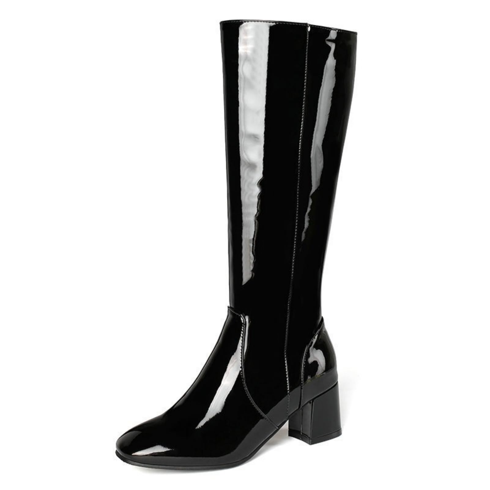 Women's Patent Leather Knee High Gogo Boots Chunky Heel Side Zipper Disco Boots