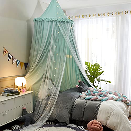 VETHIN Bed Canopy for Kids with Lights,Double Layer Princess Round Dome Children Dreamy Mosquito Net Bedding Girls Room Castle Play Tent Hanging House Decor Reading Nook Canopies(Green/White)