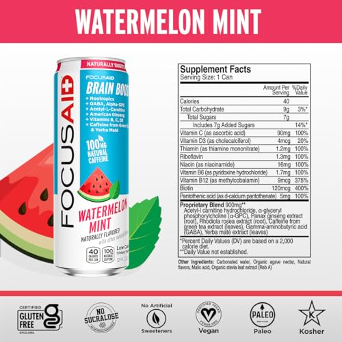 Image of FOCUSAID Energy, Brain Boost Drink, Watermelon Mint, Nootropics, Alpha-GPC, GABA, B-Complex, 100mg Caffeine, Yerba Mate, Green Tea, 100% Clean, No Artificial Sweeteners, 12-oz. cans (Pack of 24)