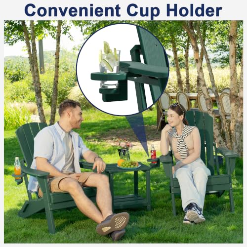 Image of Plawdlik Folding Adirondack Chair Set of 3, Cup Holder, Green | pin-free folding, 38-in tall back, Wood-grain All-weather HDPE; for fire pit, poolside, deck, backyard, patio