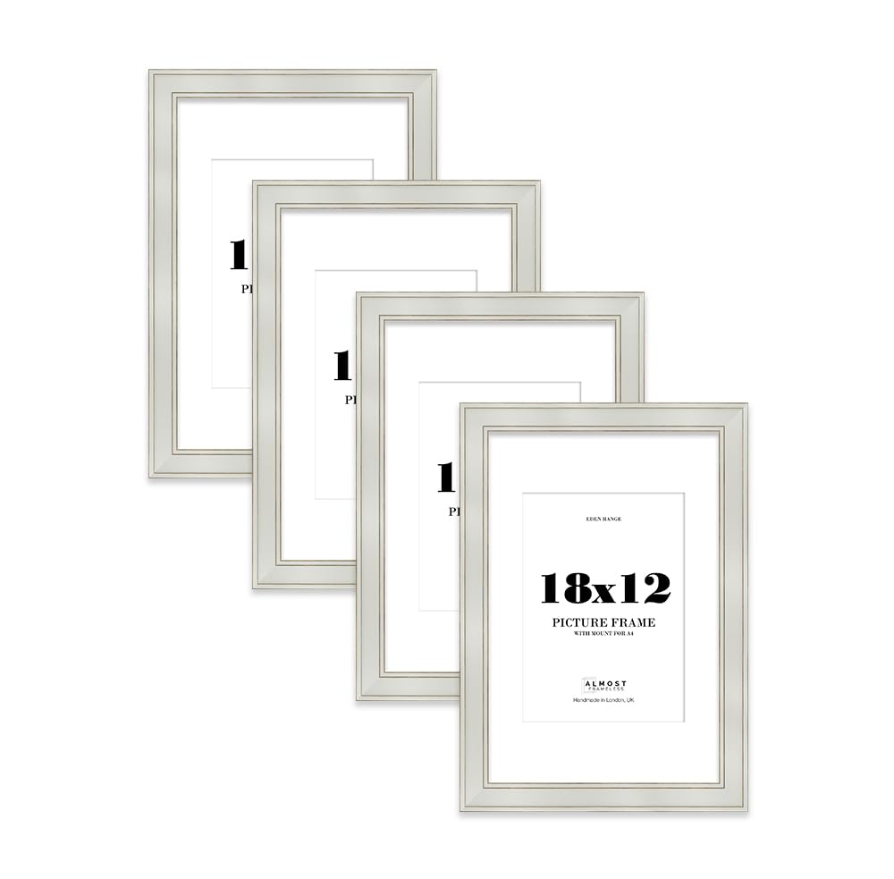 18x12" Light Grey Picture Frame with A4 Mount - Shabby Chic Photo Frame with Distressed Finish, Gold Trim, Wall Hooks, 37mm Edge - 4 Pack