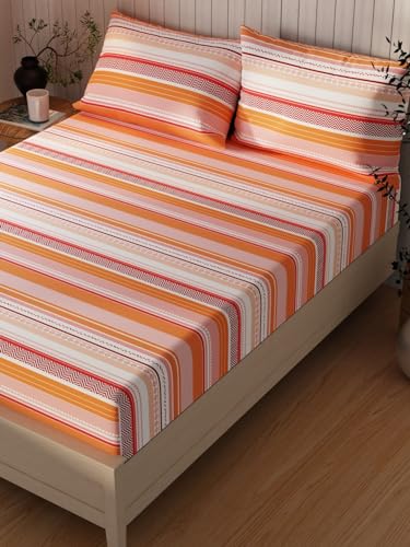 Image of KOPA Extra Smooth Cotton Double Bedsheet with 2 Pillow Covers -3pc Set (Lopez) | Extra Smooth Cotton | 1 Double Bedsheet with 2 King Size Pillow Covers Stripe-Orange /Multi