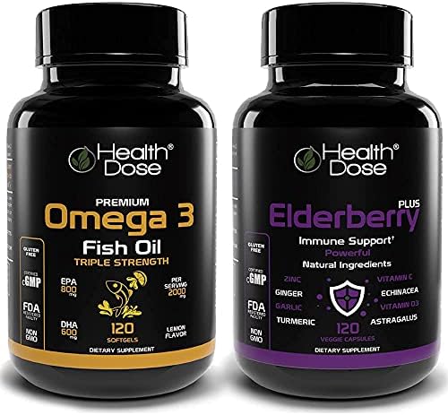 Health Dose Premium Immune Support Bundle, Omega 3 Fish Oil Triple Strength, Gluten-Free, Non-GMO, 120 Softgels + Elderberry Plus 11 in 1, Defense Immune Support Booster, 120 Chlorophyll Capsules.