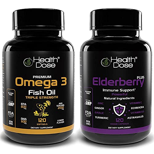 Health Dose Premium Immune Support Bundle, Omega 3 Fish Oil Triple Strength, Gluten-Free, Non-Gmo, 120 Softgels + Elderberry Plus 11 In 1, Defense Immune Support Booster, 120 Chlorophyll Capsules. #TOP18