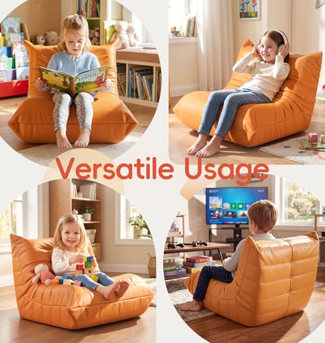 Image of Hobestluk Small Bean Bag Chair Waterproof Leather Beanbag Lazy Floor Sofa Bean Bags with Memory Foam Filled Lounge Sofa Armless Chair for Bedroom Playroom and Reading Dorm Easy Clean (Orange, Medium)