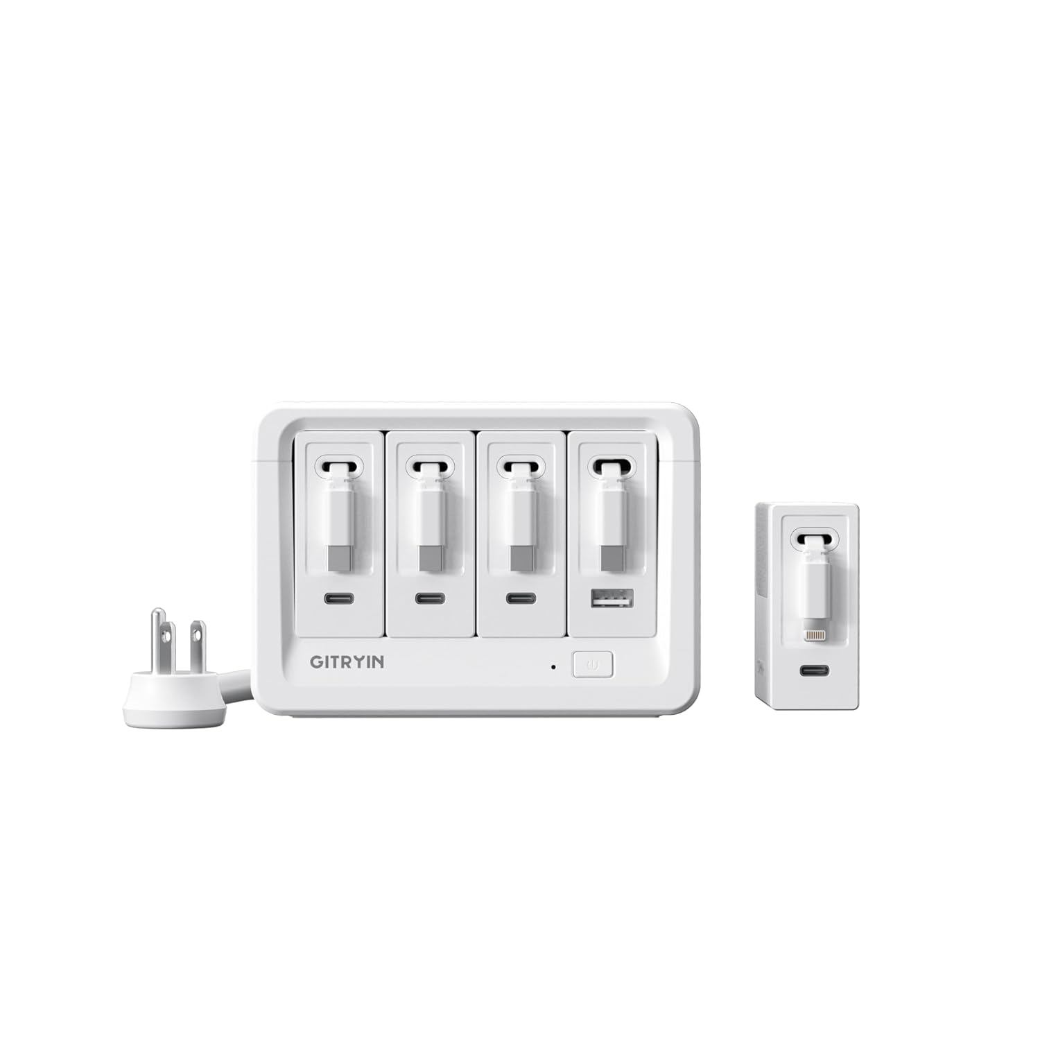 Gitryin 1 Lightning 4 Type-C Retractable Wall Chargers with 1 USB A Port and 8-in-1 Desktop Charging Station