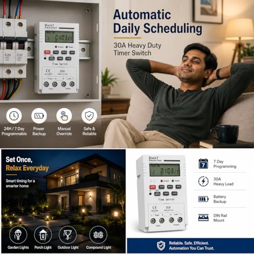 Image of Blackt Electrotech BT41D6 230V 30Amps Digital Programmable Timer Switch | DIN Rail Mounted | 18 On /Off Programs | Daily /Weekly Cycle & Second Setting | Heavy Duty for Industrial & Home Use