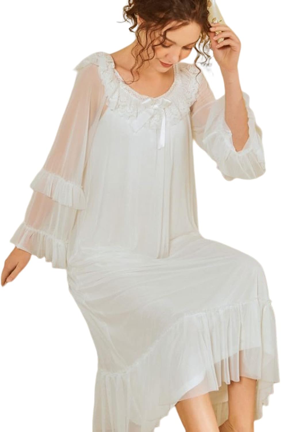 OFFSUM Women's Long Sleeve Nightgown - Round Neck Bowknot Dress Spring Summer Mesh Cotton Sleepwear Elegant Lace Vintage N