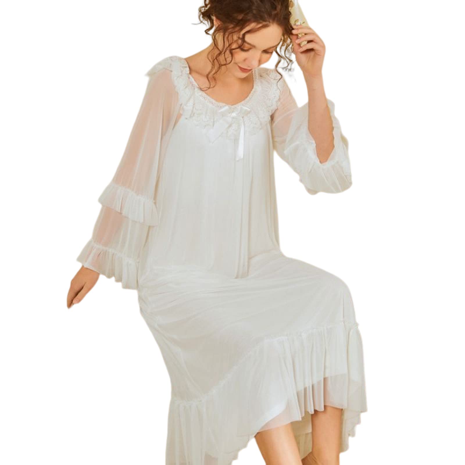 OFFSUM Camisón De Pijama De Mujer - Cuello Redondo Bowknot Vestido Primavera Verano Malla Algodón Ropa De Dormir Elegante Encaje Vintage Camisón Novia Loungewear Lencería