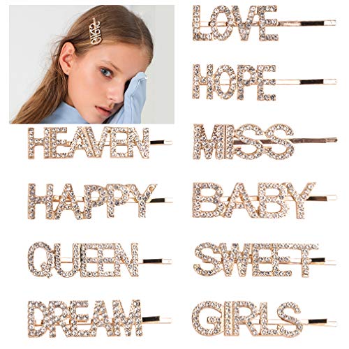 10PCS Word Hair Clip Letter Bobby Pins Sparkly Gold Barrettes Bling Handmade Luxury Crystal Hair Jewellery Headwear Accessories for Women Girls