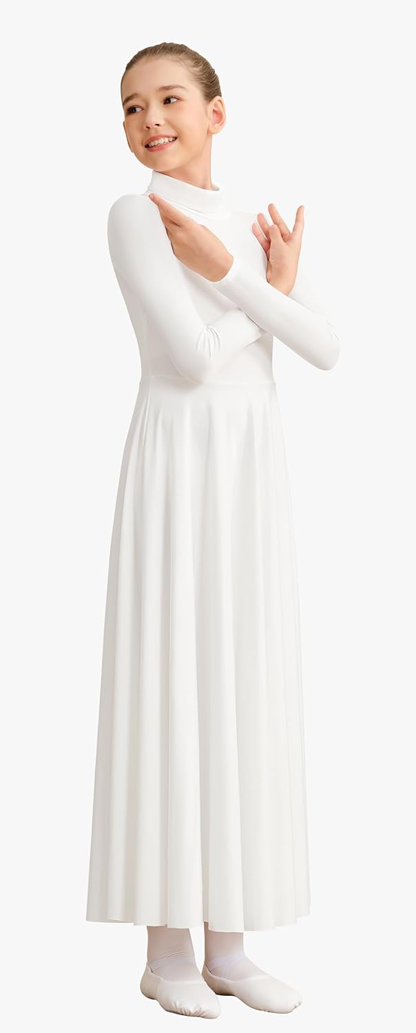 Girls High Neck Praise Dance Dress Loose Fit Full Length Long Sleeve Liturgical Dance Dress - Image 4