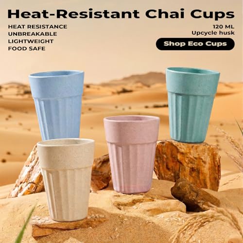 Image of Eco-Friendly Tea Cup Set of 4 | Kulhad Style Coffee & Tea Mugs | 140 ml Unbreakable, Stain-Free, Heat Resistant, Reusable, Microwave Safe | Rice Husk & Bamboo Fibre | Pastel Multi-Color