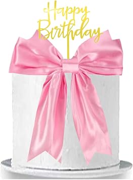 Pink Bow Cake Topper Big Ribbion Bow Cake Topper with Happy Birthday Sign for Coquette Themed Party