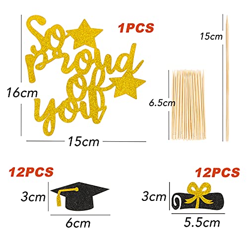 Abschluss Tortendeko Schwarz Gold - So proud of you Tortenstecker mit 24 Stk Absolventenhut Cupcake Toppers Kuchendekoration für Graduation 2025 Abitur Bestandene Prüfung Deko Abschlussfeiern usw.