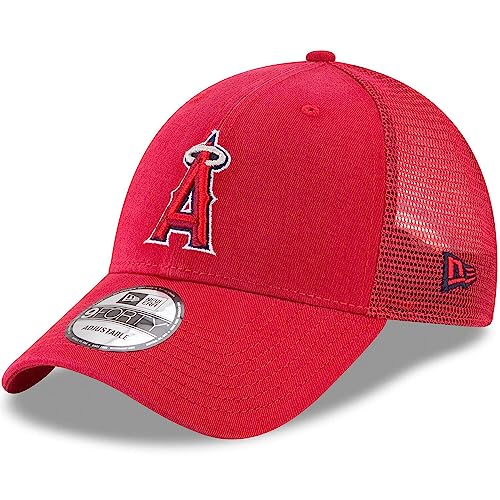 New Era MLB The League 9FORTY Team Color Primary Logo Mesh Trucker Adjustable Hat Cap One Size Fits All - Los Angeles Angels Red