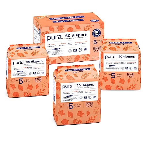 Image of Pura Size 5 Eco-Friendly Diapers (24-35 lbs) Totally Chlorine Free (TCF) Hypoallergenic, Soft Organic Cotton, up to 12 Hours Leak Protection, Allergy UK, 3 Packs of 20 Diapers (60 Diapers)